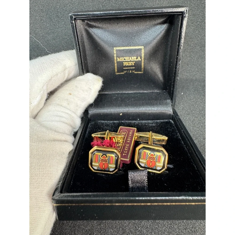 Michaela Frey Wien Enamel Cufflinks Vintage Gold Tone Rectangular original‎ Box